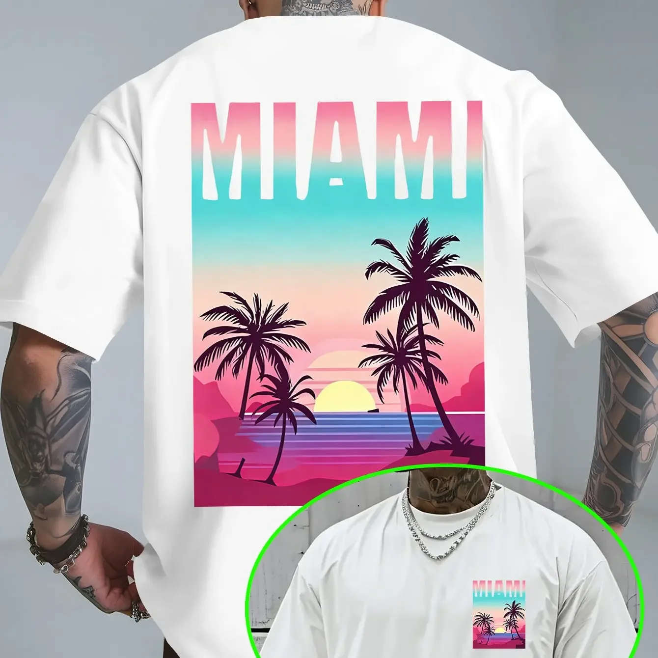 100% Pure Cotton Breathable Neon Gradient MIAMI Men's Beach Scene T-shirt a Versatile Top for Summer Beach Outings