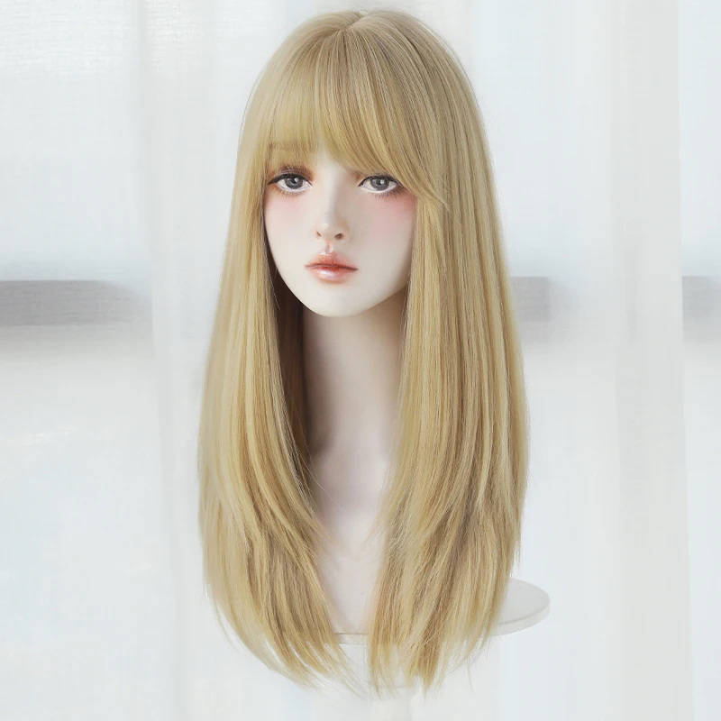 Perucas loiras em camadas retas com franja pura peruca de cabelo falso natural sintético de alta densidade para mulheres perucas de festa cosplay diárias