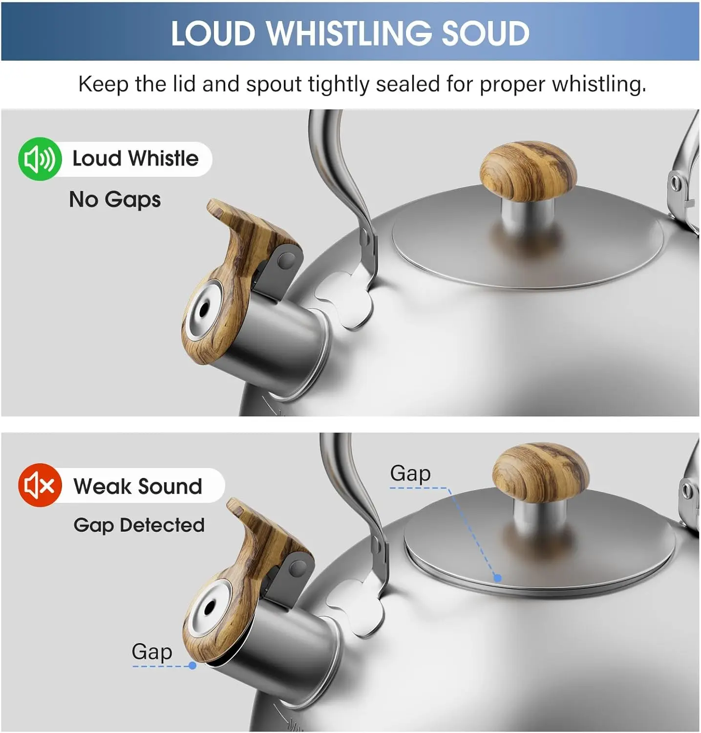 コンロ用ティーケトル、2.6クォートの笛吹きティーケトル、食品グレードのステンレス製ティーポット、木目模様付き