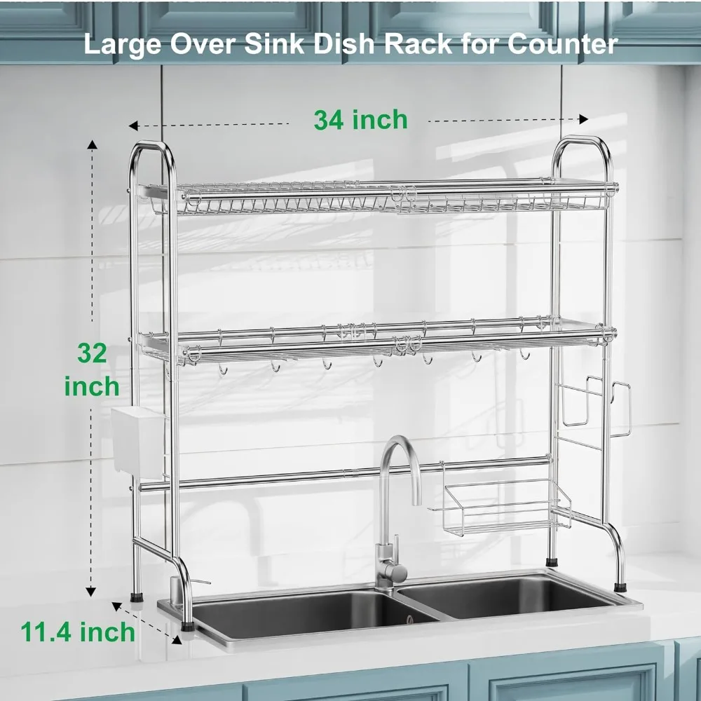 GSlife Over The Sink Dish Drying Rack - Stainless Steel 2 Tier Dish Rack Over Sink, Dish Drainer Rack with Utensil Holder for Ki