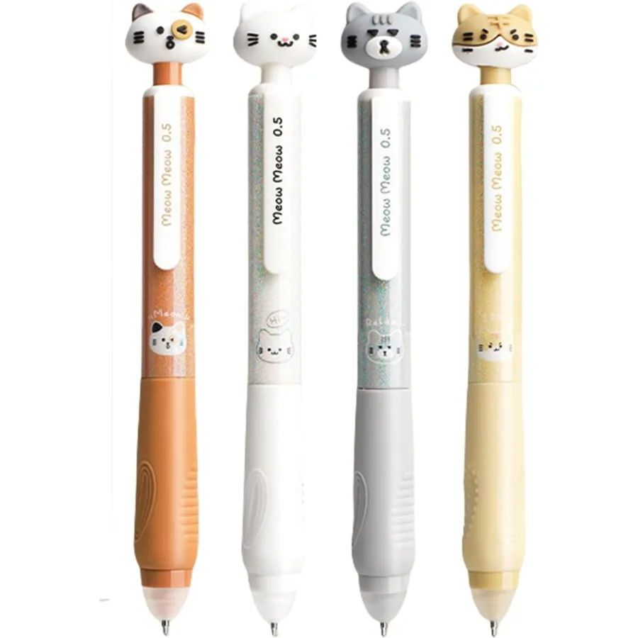 

4 шт. стираемые ручки с милым котом, выдвижные ручки, стираемые гелевые чернильные ручки, мультяшные ручки, 0,5 мм, черная чернильная ручка, кавайная ручка для письма O