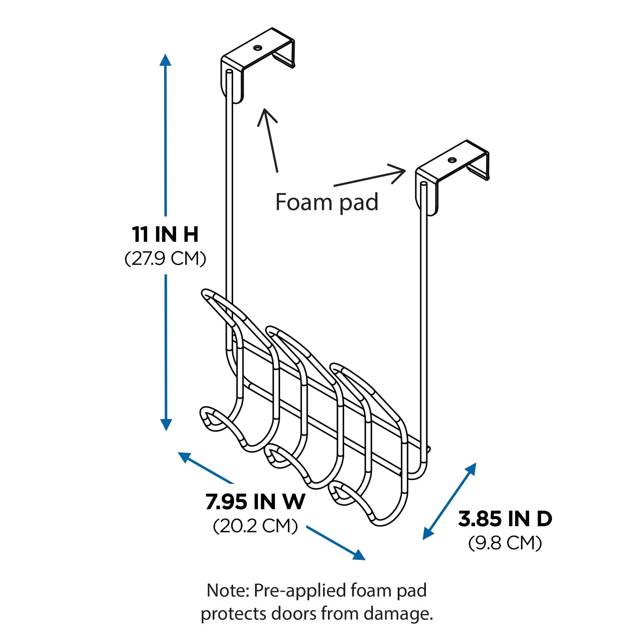 Rack suspenso sem perfuração sobre a porta com 3 ganchos de metal para toalhas e roupões, preto fosco