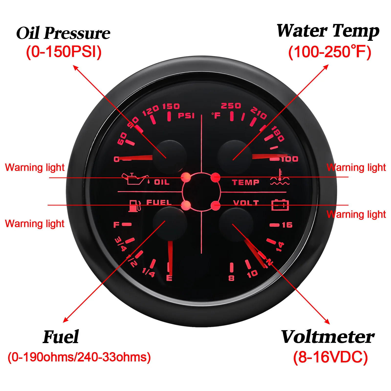 Jauge de température 4 en 1, 85MM, capteur de température de voiture, capteur de niveau de carburant, 190/240ohm, jauge de voiture 12/24V