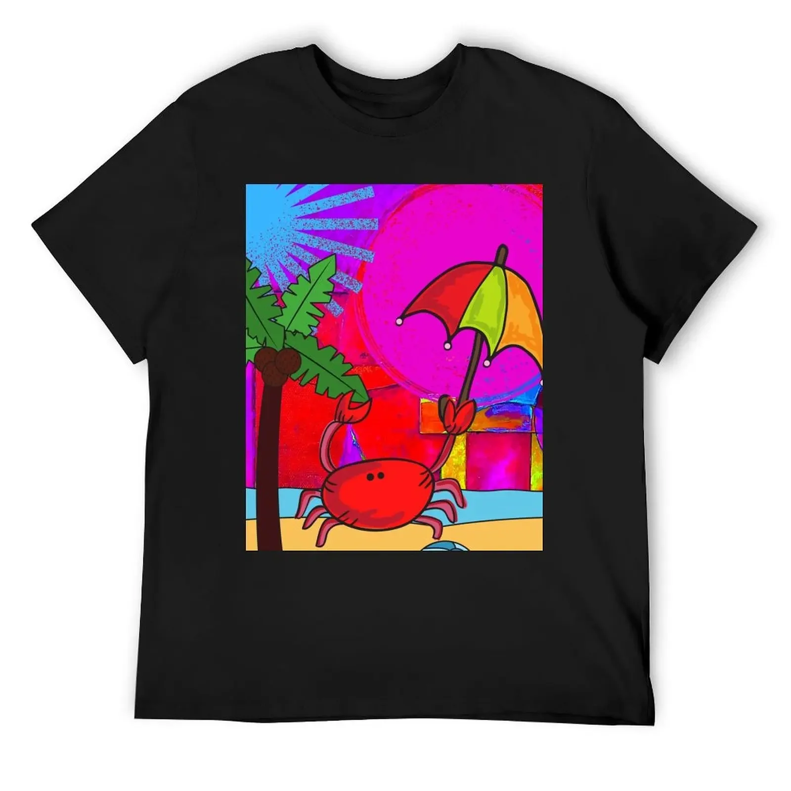 CUTE FUNNY CARTOON FUCHSIA RED PINK CRAB WITH UMBRELLA ON BEACH ORIGINAL ART T-Shirt graphics mens designer t shirt