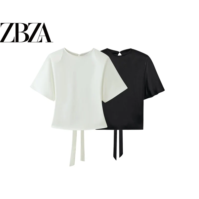 Fashionable Satin Feel Top with Shoulder Pads by ZR for Women Standard Fit T-Shirt Polyester Fabric Regular Sleeve Style