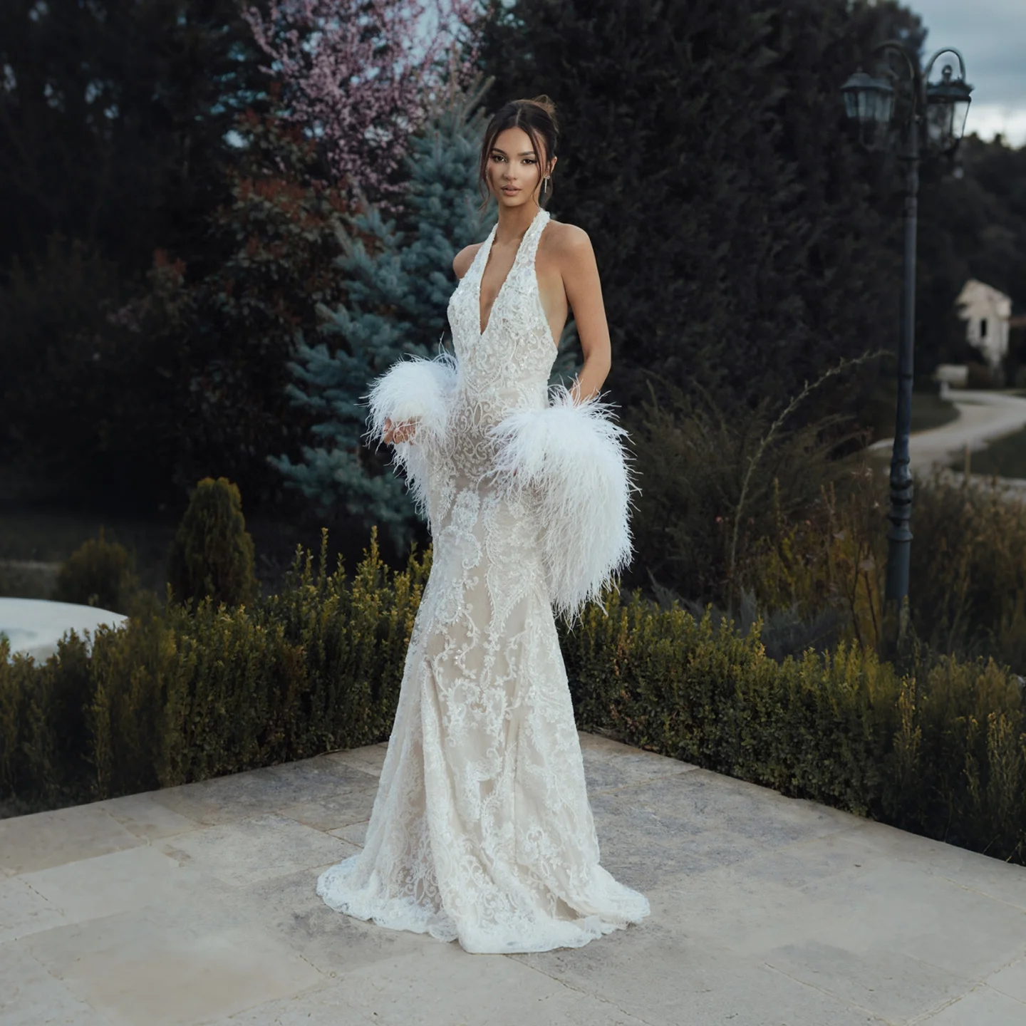Sharon Said 2026 Luxury Halter Heavy Beaded Wedding Dress with Feather Cape Mermaid Vintage Fitted Bride Gown SW133 Customized
