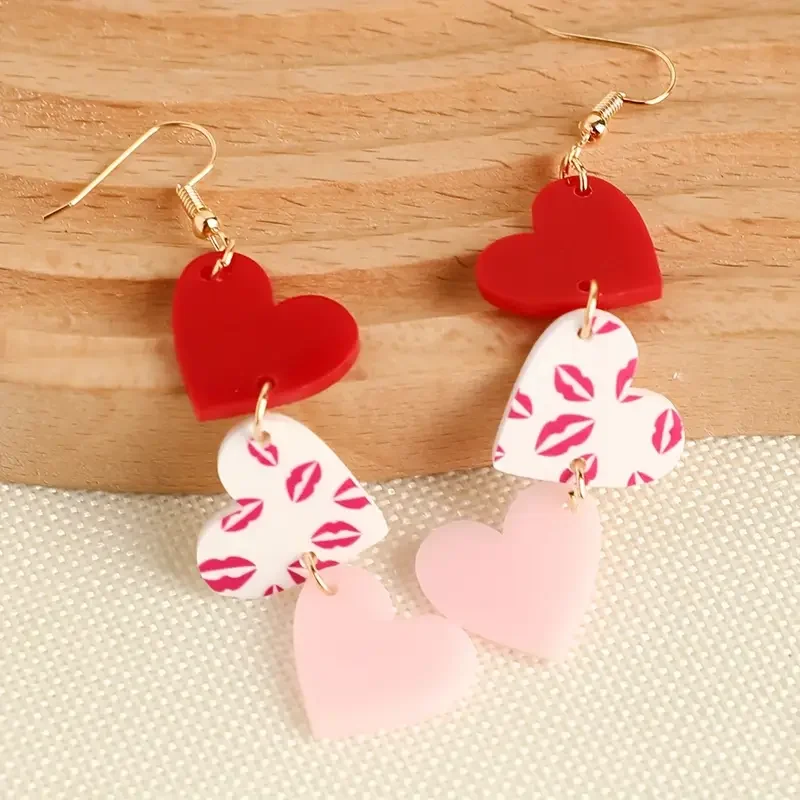 1 Pair EXGOX Valentine\'S Day Acrylic Heart Earrings - Cute & Sexy Kiss Pattern Stainless Steel Post All-Season Fashion Jewelry