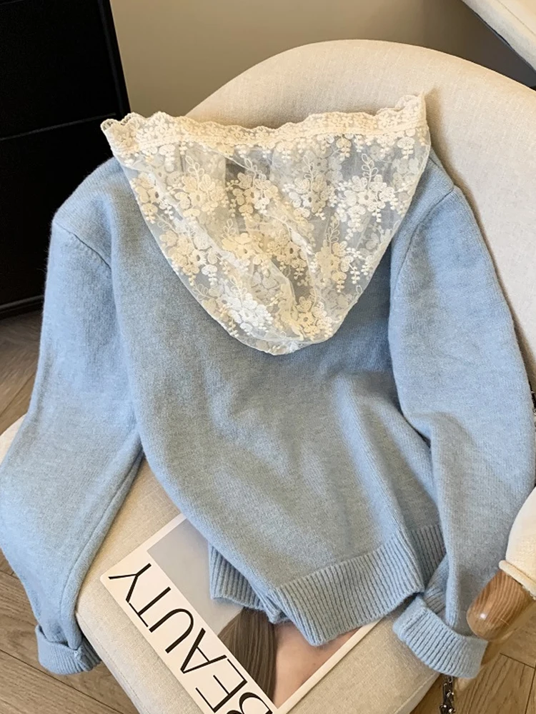 Niebieski koronkowy kardigan z kapturem dla kobiet Wiosna Jesień Wysoki luksusowy delikatny sweter z pojedynczymi piersiami Top