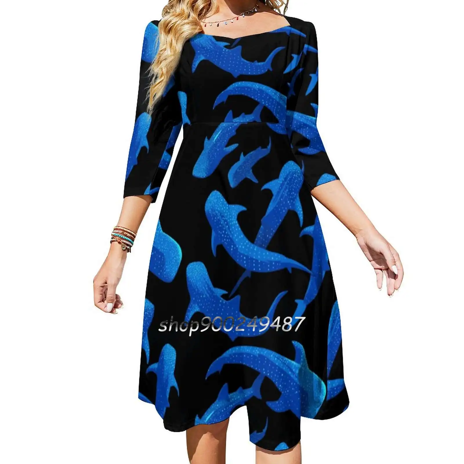 Shark Whale Pattern Sweetheart Knot Flared Dress Fashion Design Large Size Loose Dress Shark Whale Whale Dolphin Ocean Fish