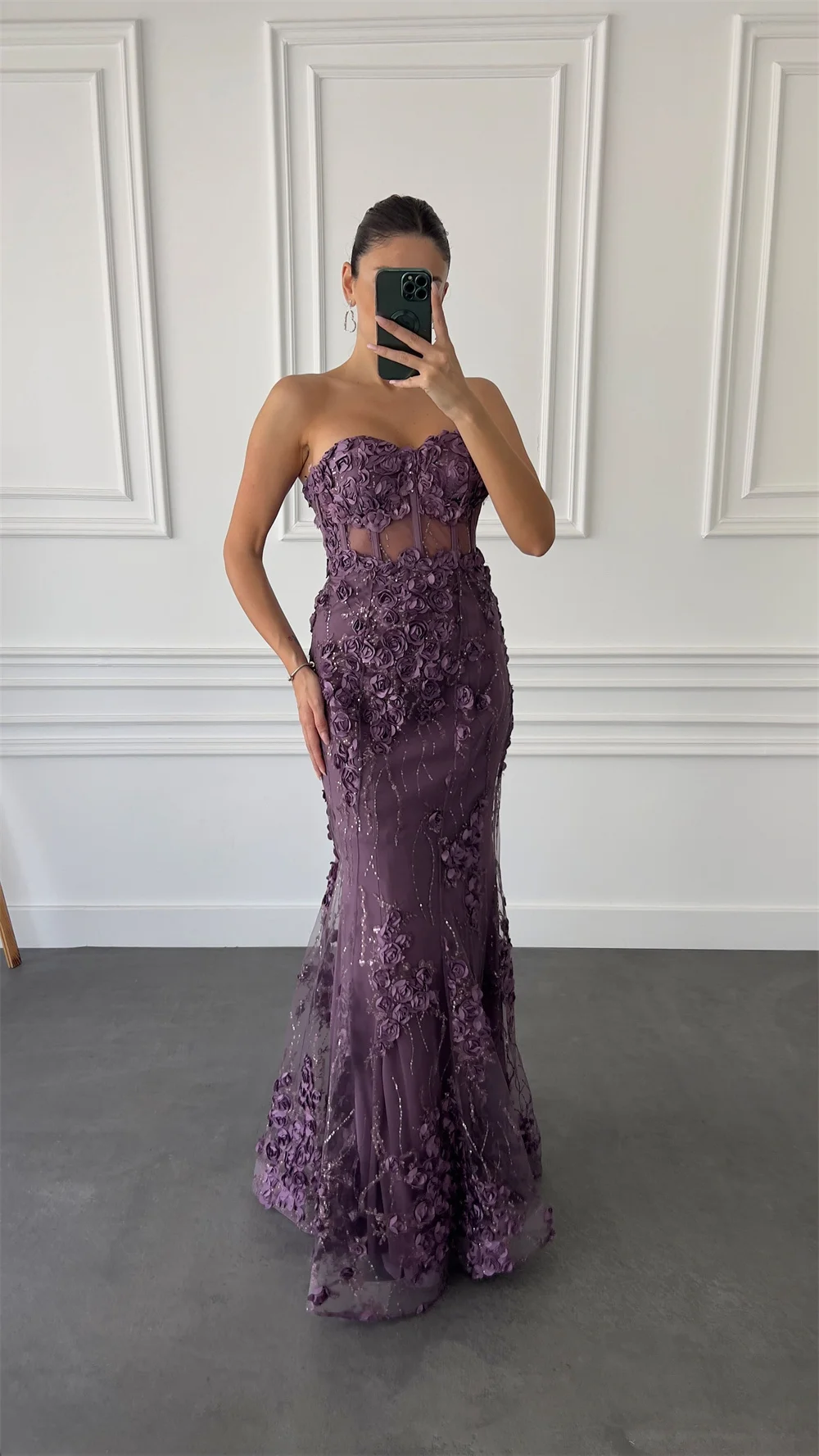ミラパープル 3D フラワープロムドレス マーメイド ストラップレス ノースリーブ カスタマイズされたフォーマルイブニング フロアレングス ベストドス デ ガラ 2025