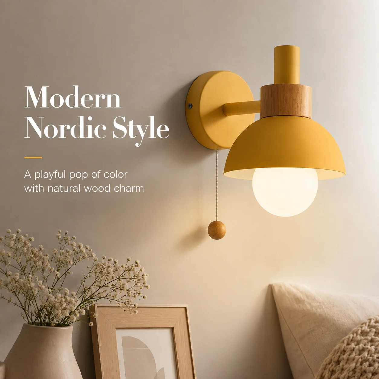 JOYINLED Nordic Wall Sconce with Pull Chain, Yellow Metal & Wood Wall Lamp for Bedroom, Hallway, Reading Nook, Kids Room