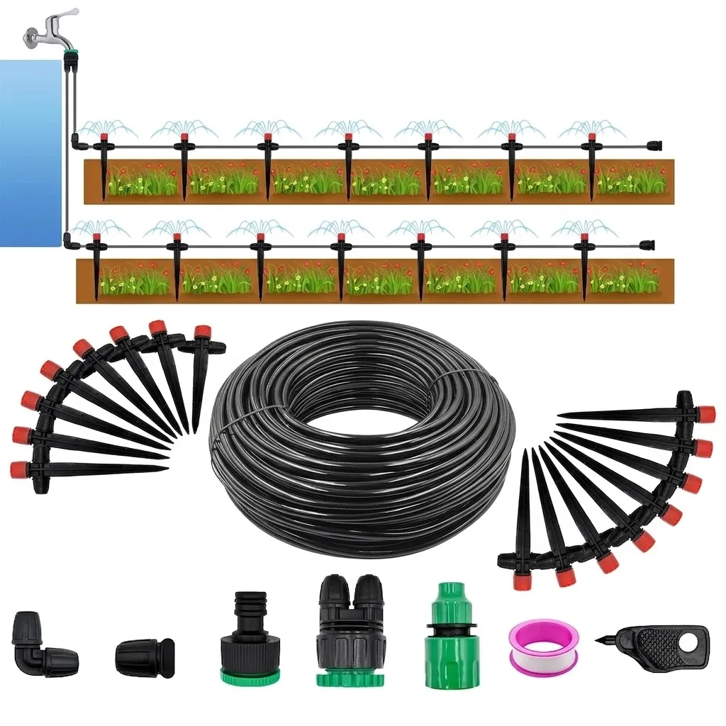 Automatic Drip Irrigation System Kit with 1/4 Inch Sprinklers and Spikes for Potted Plants Gardens Greenhouses Watering