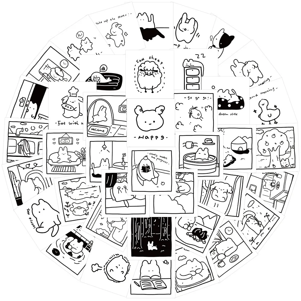 

40PCS Simple Black White Cartoon Stickers Cute Picture Animal Decals For Kids DIY Phone Notebook Fridge Laptop Toys Gift