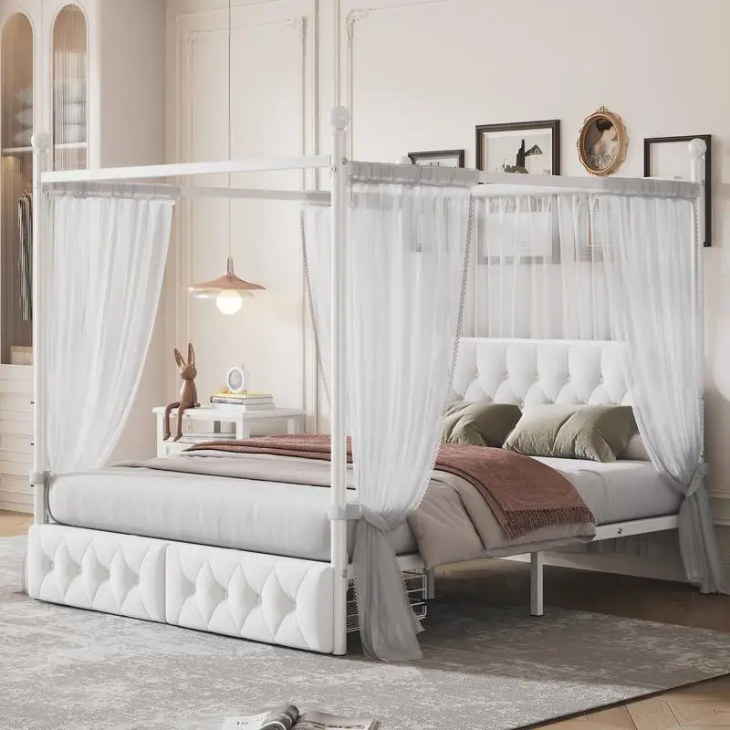 Queen Metal Canopy Bed with Upholstered Headboard & 2 Storage Drawers, White Finish