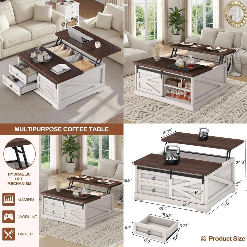 

Farmhouse Style Square Coffee Table with Large Hidden Storage, Living Room Furniture, 39.4 Lift Top Design