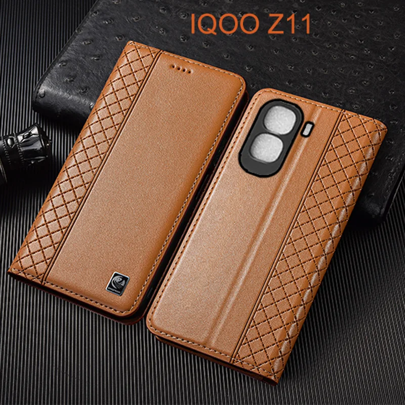 Napa Inner Grid Genuine Leather Flip Case For IQOO Z11 Turbo Z11X Phone Cover Card Cases Scratch Proof