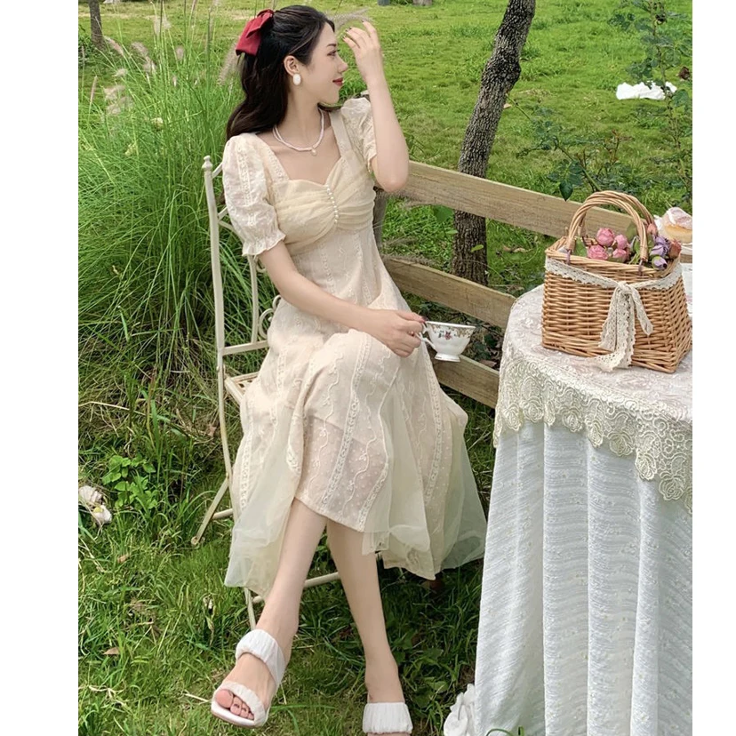 

French Style Formal Asian Dress A-Line Office Women Beach Wear Elegant Tea Party Dress Puff Sleeve Sexy Long Sweet Fairy Apricot