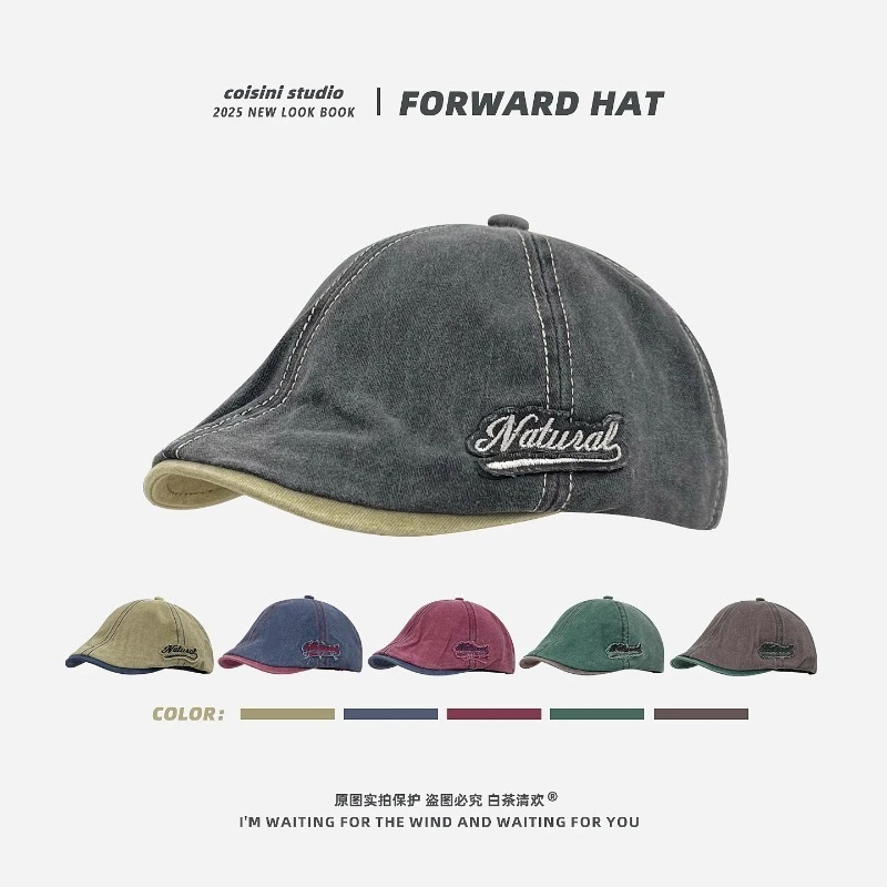 

New Retro Washed Letter Patch Embroidery Forward Hat Men and Women Spring and Autumn Casual Versatile Short Brim Flat Top Beret