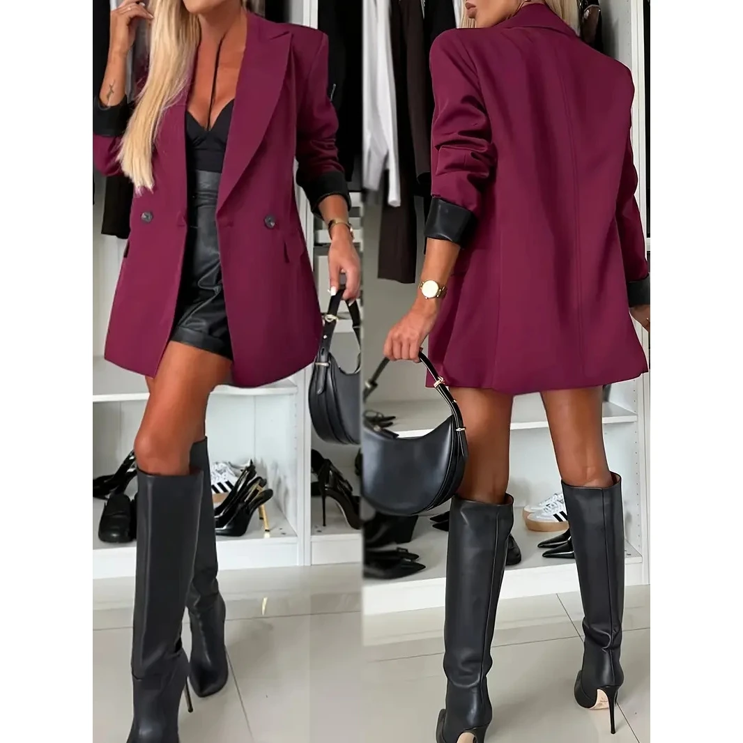 Elegant Women's Casual  Color Notch Collar Single Button Suit Jacket Long Sleeve Polyester Blend Fashionable Windbreaker