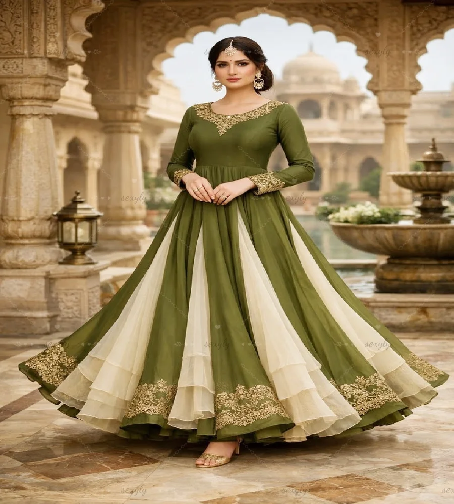 Elegant Olive With Ivory Eid Evening Dress Long Sleeve Gold Lace A Line Abaya Prom Gown 2026 Lehenga Indian Pakistani Maxi Party