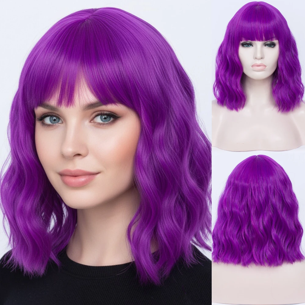 

Short Bob Wigs with Bangs 14 Inch Synthetic Purple Wigs for Women Natural Looking for Daily Cosplay Use