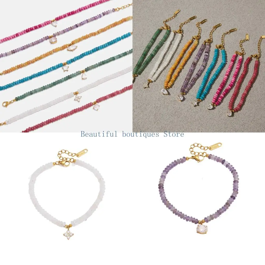 U4LF Gift Ready Natural Stone Bracelet with Adjustable Extender Chain, Beaded Texture, and Stainless Steel Accent Details