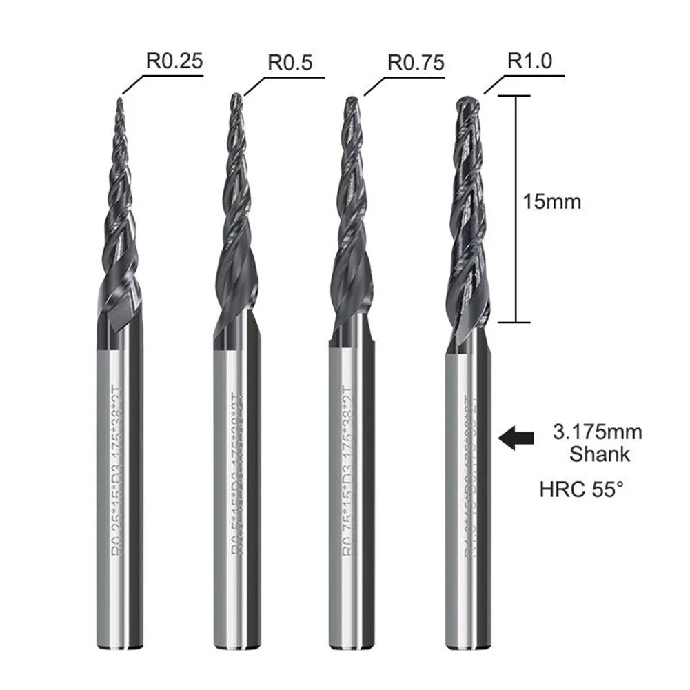 مجموعة من 4 مطاحن نهاية كروية مدببة مع 1/8 عرقوب وطلاء TiAlN لتطبيقات التصنيع والنقش باستخدام الحاسب الآلي