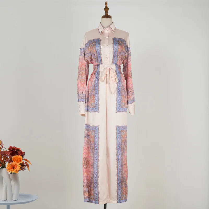 

Real Shot Australian Pink Vintage Print Turn-down Collar Long Sleeve Loose Shirt Elastic Waist Wide-leg Pants Set