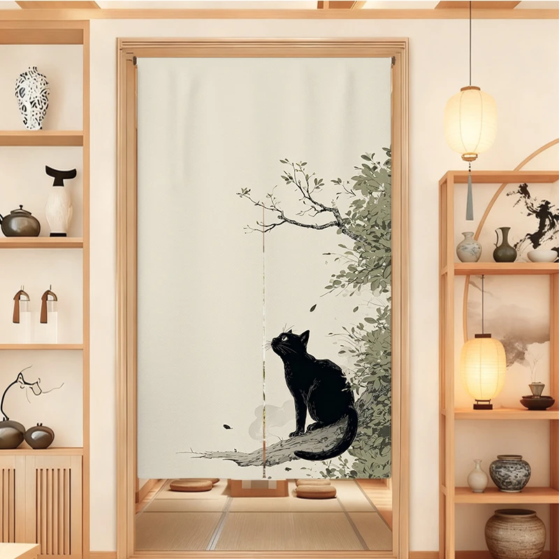 ستارة باب يابانية على شكل قطة سوداء ستارة نورين ريفي للمطبخ وغرفة الطعام ستارة نصف ستارة فاصل للمدخل #2