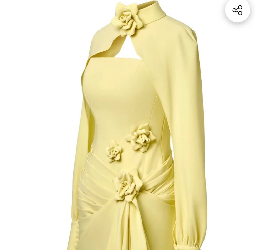 Meetlove أصفر رقبة عالية طول الأرض ساتان كم كامل زهور ثلاثية الأبعاد فساتين سهرة مخصصة بدون حمالات غمد فساتين حفلات