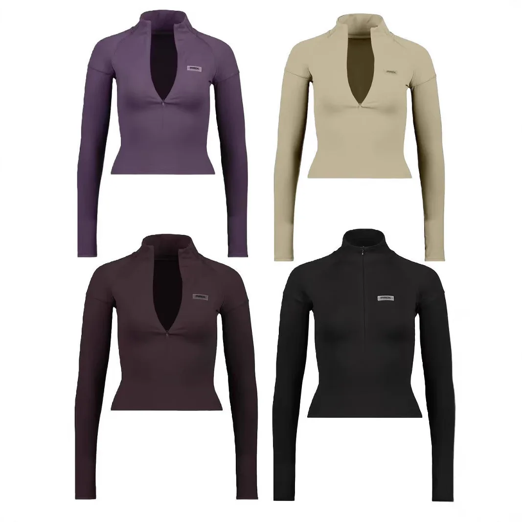 

Модная рубашка для похудения с длинными рукавами и высоким воротником, универсальный дизайн с застежкой-молнией, полиэстер, коллекция осень 2023.