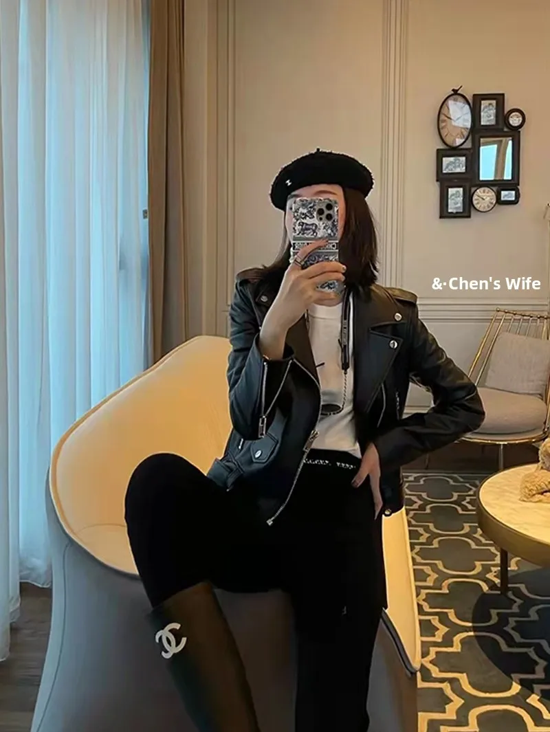 Mevrouw Chen's 2024 Nieuwe Ort Motorcycle Jaet Echt Eapenvacht Leer Dames Roze Pak Kraag Bovenkleding Slim Fit Lange Sv...