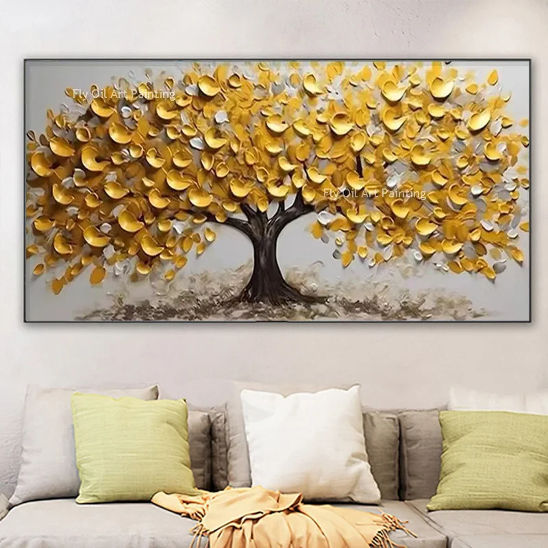 Hand Drawn Golden Yellow Money Tree Landscape Wall Art Decor Items Popular Design Black Yellow Tree Oil Painting As Gifts