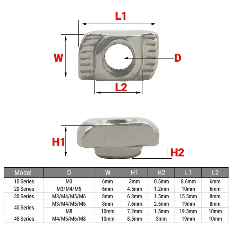 50Pcs Sliding Tee Nut M3/M4/M5M6/M8 T Nut Hammer Drop In Nut Fasten Connector for 20/30/40/45 Series EU V-Slot T-Slot