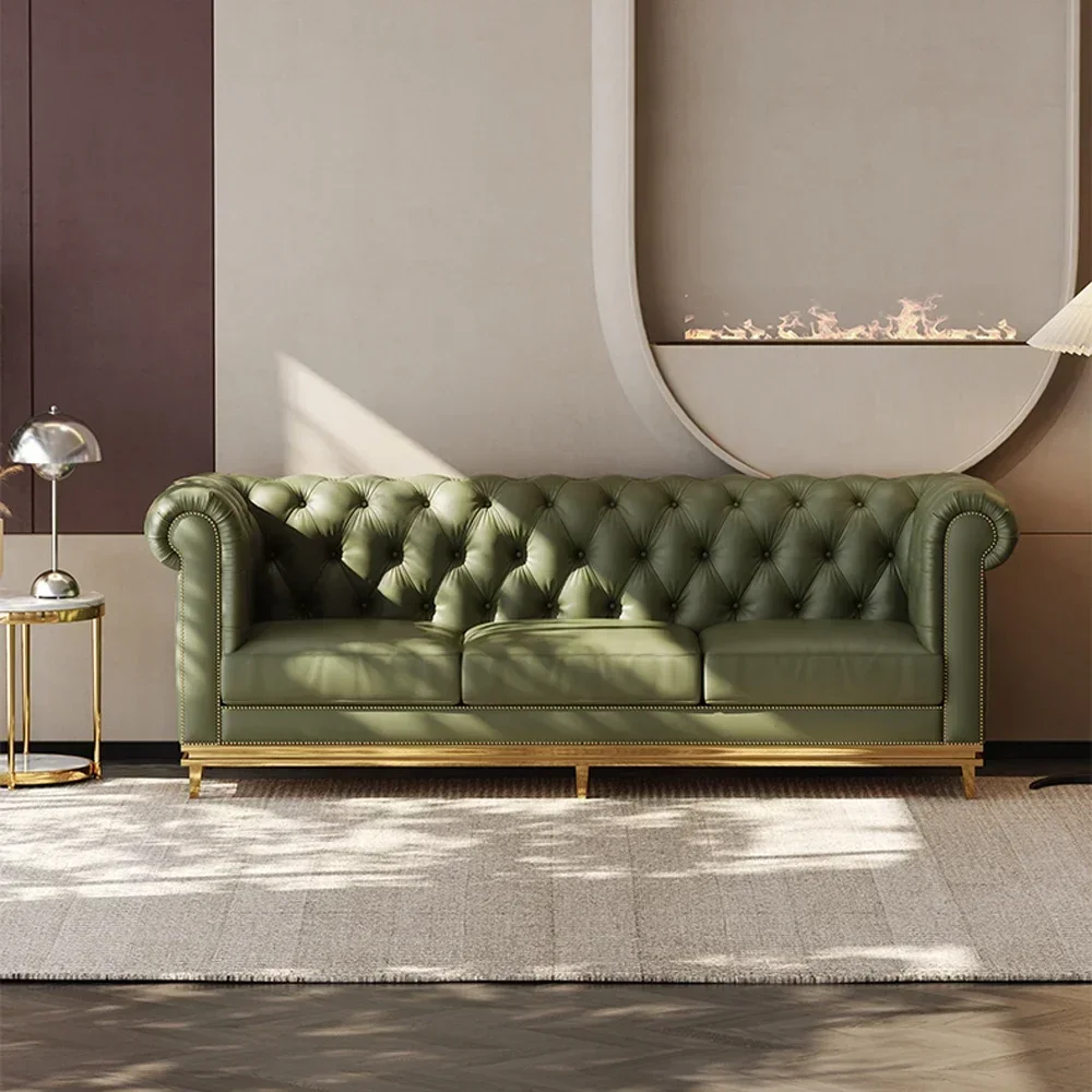 

Hot Furniture New Design Velvet Luxury Gold Stainless Steel Sofa Button Tufted Upholstered Sofa Set