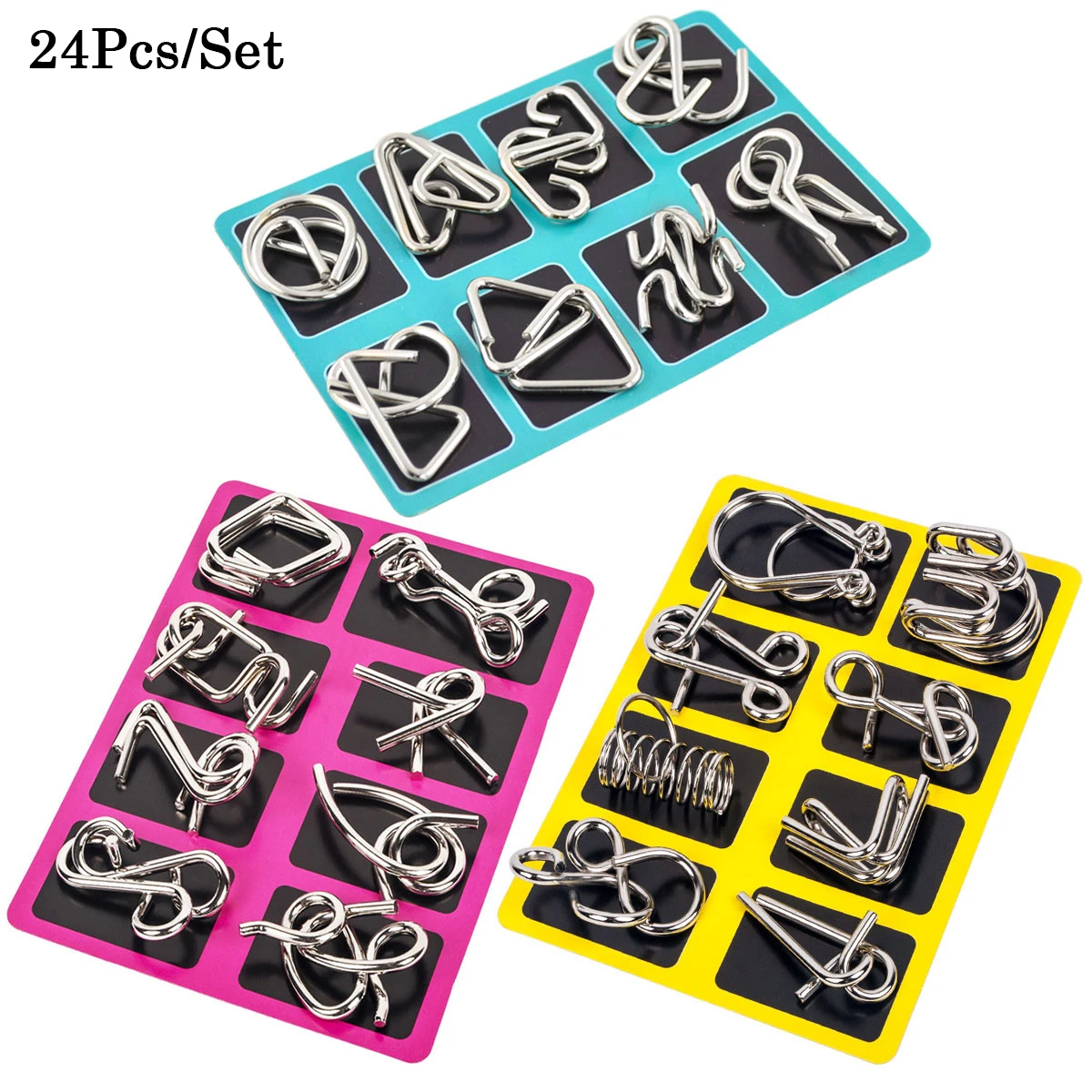 24Pcs/Set Metal Wire Puzzle Set IQ Mind Brain Teaser Reliever Parent-children Interactive Game Metal Link Unlock Interlock Toys