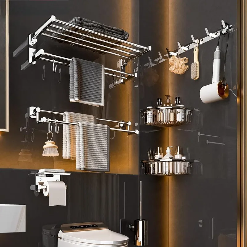 Bathroom bath towel rack full copper towel rack bathroom foldable storage rack high-end hardware pendant set without punching