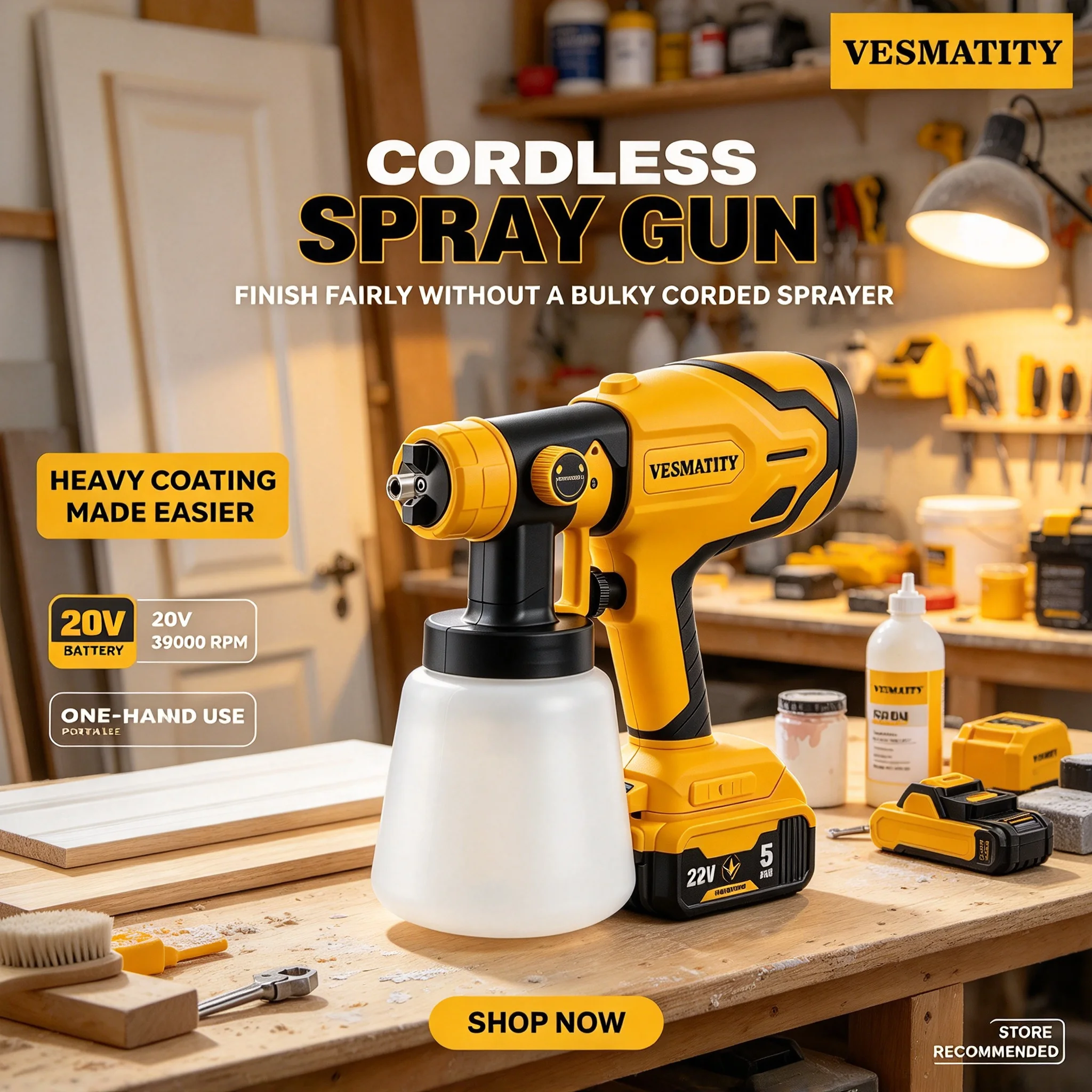 Cordless Paint Sprayer 20V - 휴대용 무선 HVLP 페인트 분무기, 조절