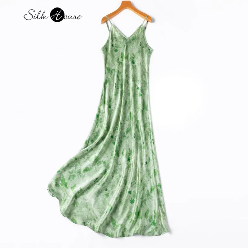 

2024 Women's Fashion Summer New Vacation Style Green Ink Printing 21MM 100% Natural Mulberry Silk Plain Satin Strap Casual Dress