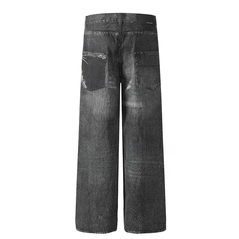 GXFortune ثلاثية الأبعاد الطباعة الرقمية واسعة الساق الجينز الرجال النساء المتعثرة فضفاض مستقيم الساق بنطلون عادية خمر Sle السراويل الطويلة