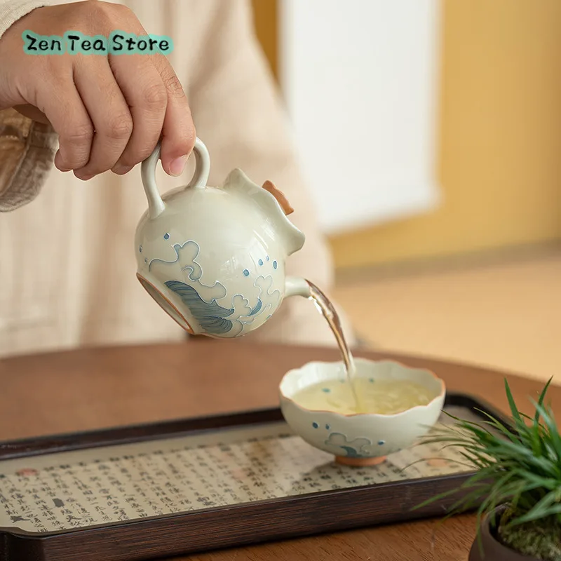 Ice Table Relief Waves Ceramic Lace Teapot Home Teapot Single Pot Kung Fu Ceramic Tea Set New Chinese Under Color