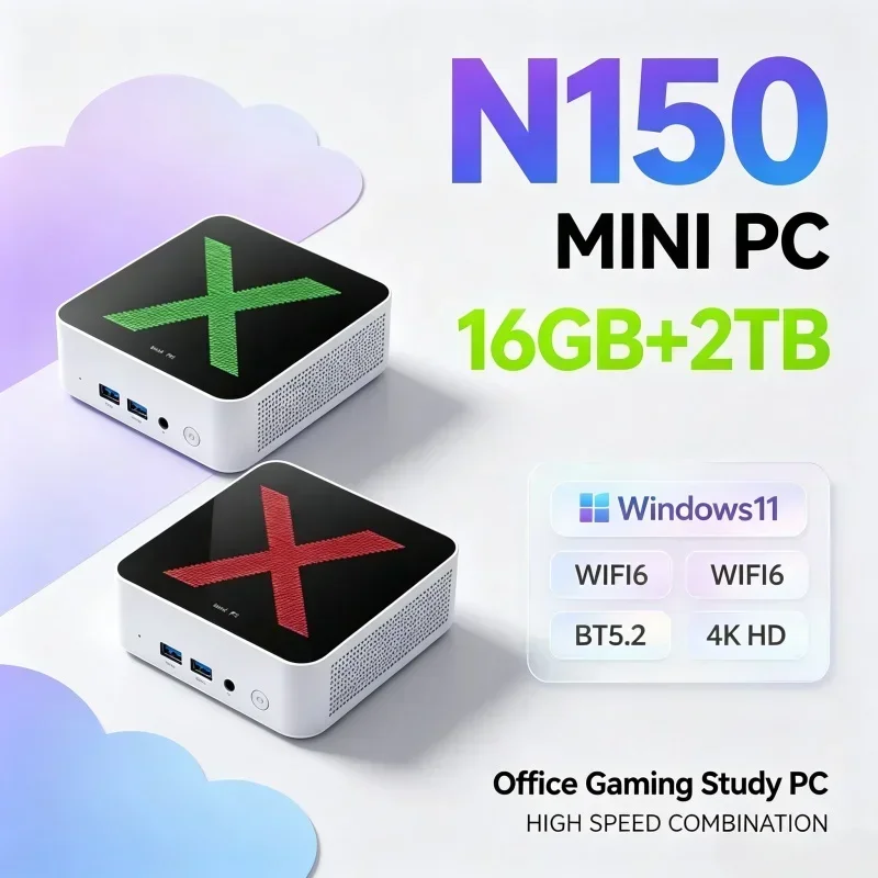 Red Green Dual Color X Mini PC Intel Core N150 Windows11 16GB 2TB 4K HD WiFi6 BT5.2 Home Office Entertainment Mini Desktop Host