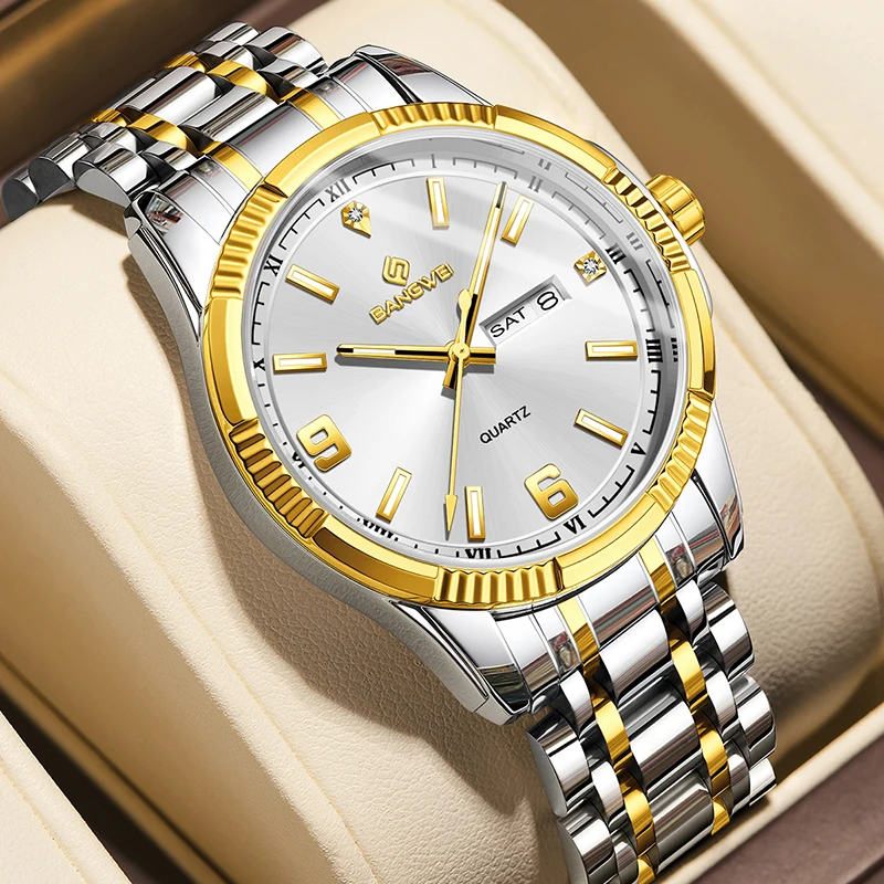 

Спортивные часы BANGWEI для мужчин, модные водонепроницаемые мужские часы из нержавеющей стали с подсветкой, кварцевые часы с хронографом Relogios Masculino