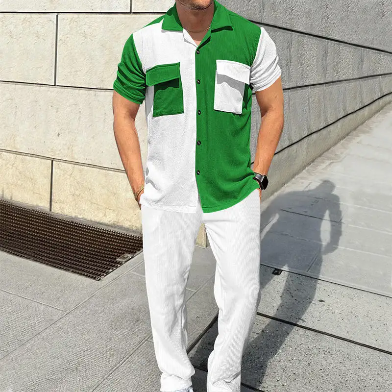 

Осенний модный мужской комплект: вельветовая рубашка с коротким рукавом и длинные брюки, повседневный спортивный костюм с цветовыми блоками, удобный и дышащий