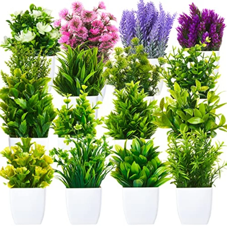 

16 Pcs Small Fake Plants Mini Artificial Potted Plants Faux Pot Flowers Indoor Plastic Eucalyptus Greenery for Home Bathroom Li