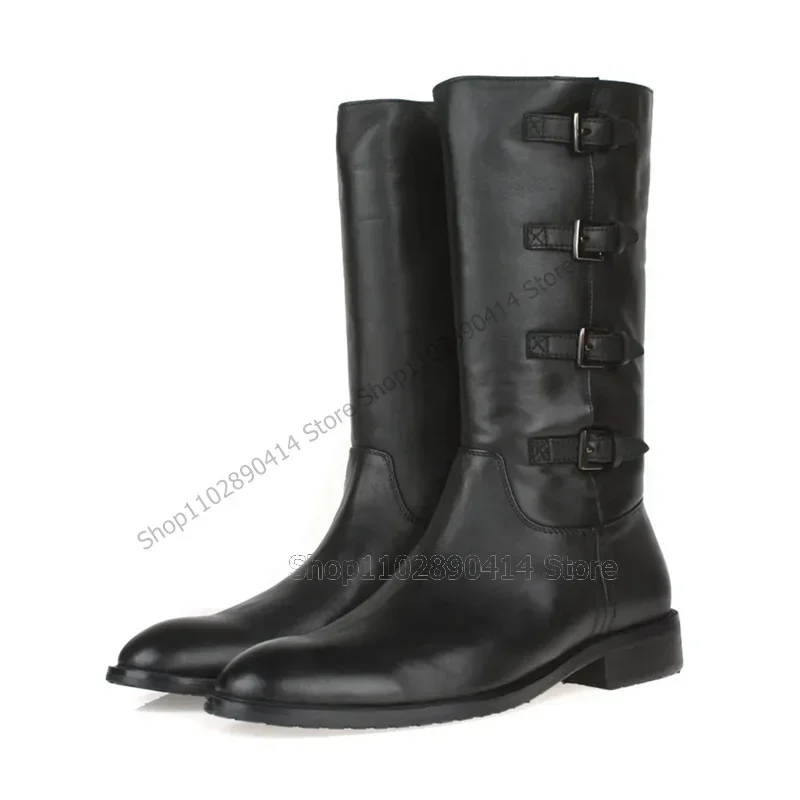 

Black Buckle Decor Knee High Round Toe Boots Fashion Side Zipper Men Boots Luxury Handmade Party Banquet Office Men Dress Shoes