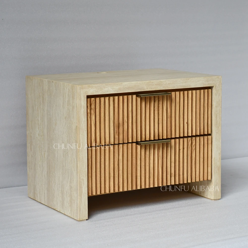 

OEM ODM Modern Minimalist Bedroom Room Furniture Travertine Limestone Irregular Side Corner Table Drawer Solid Wood Nightstand