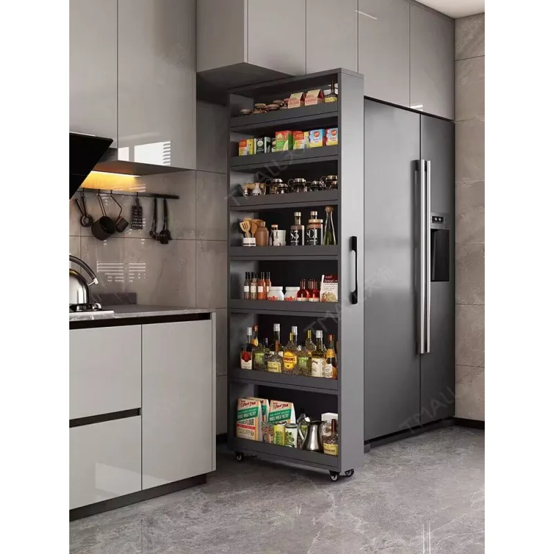 Kitchen ultra-narrow side cabinet dining room refrigerator crack side pull storage cabinet table edge gap push pull mobile
