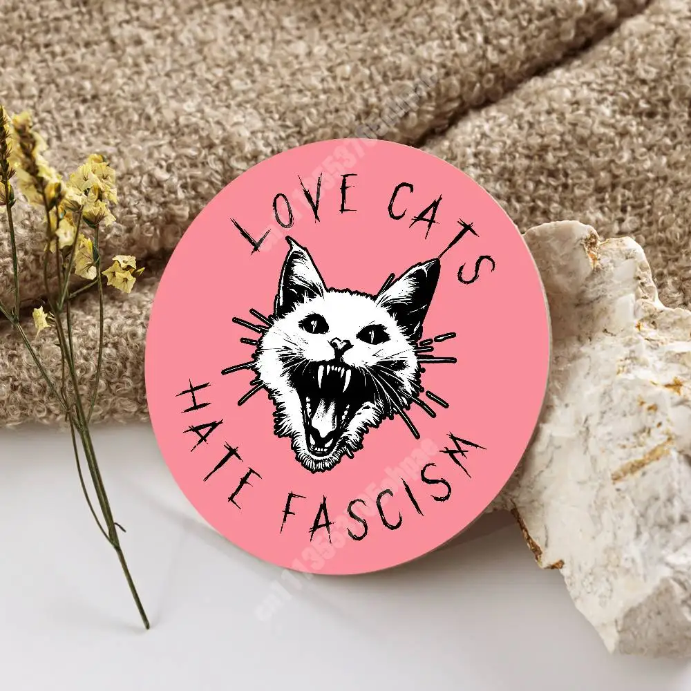 Antifascist Antiwar Kitten Cat Wooden Cup Mat Americano Beer Milk Water Coaster for Baking Studio
