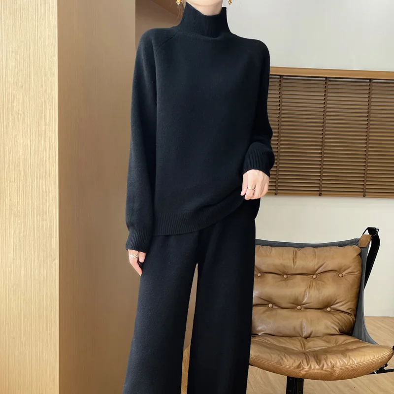 Women\'s set 2024 new 100% wool knitted high neck pullover sweater comfortable long wide leg pants women\'s cashmere two-piece set